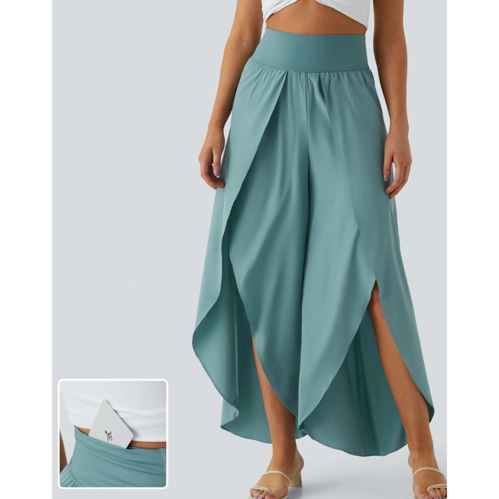 Halara‎ Breezeful High Waisted Back Pocket Palazzo Wide Leg Pants Stone Blue XS